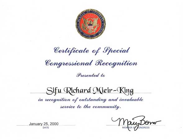 Congressional Certificate of Recognition, Richard Mieir King's Kung Fu and Tai Chi
